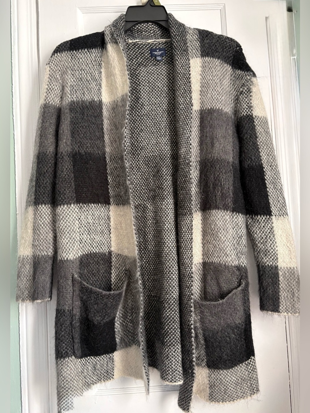 American Eagle Black Gray Plaid Open Front Cardigan Sweater, Sz: M